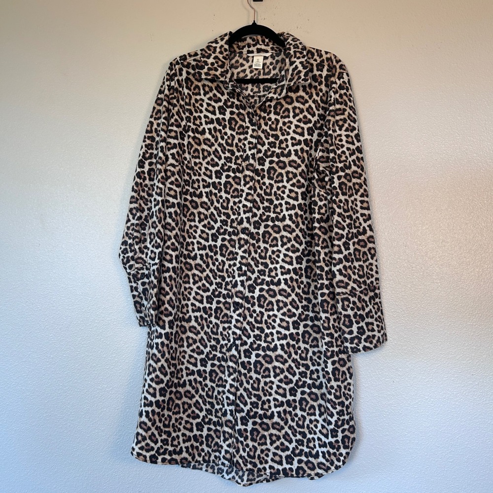 HM Leopard Print Button Down Shirt Dress Brown Black Long Sleeve Women's Large